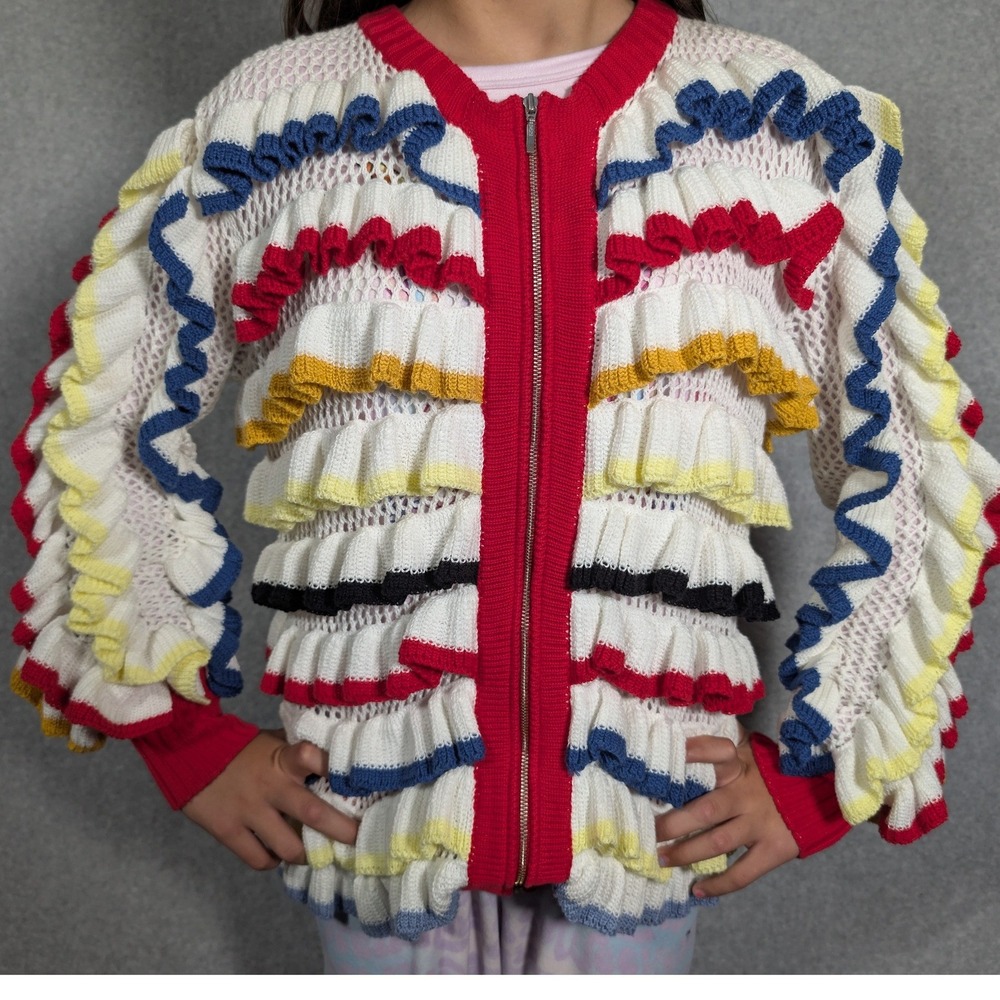 ANDREEVA Crochet Sweater Multi Color Ruffle Open Knit Zip Up Cardigan Medium - Picture 7 of 9